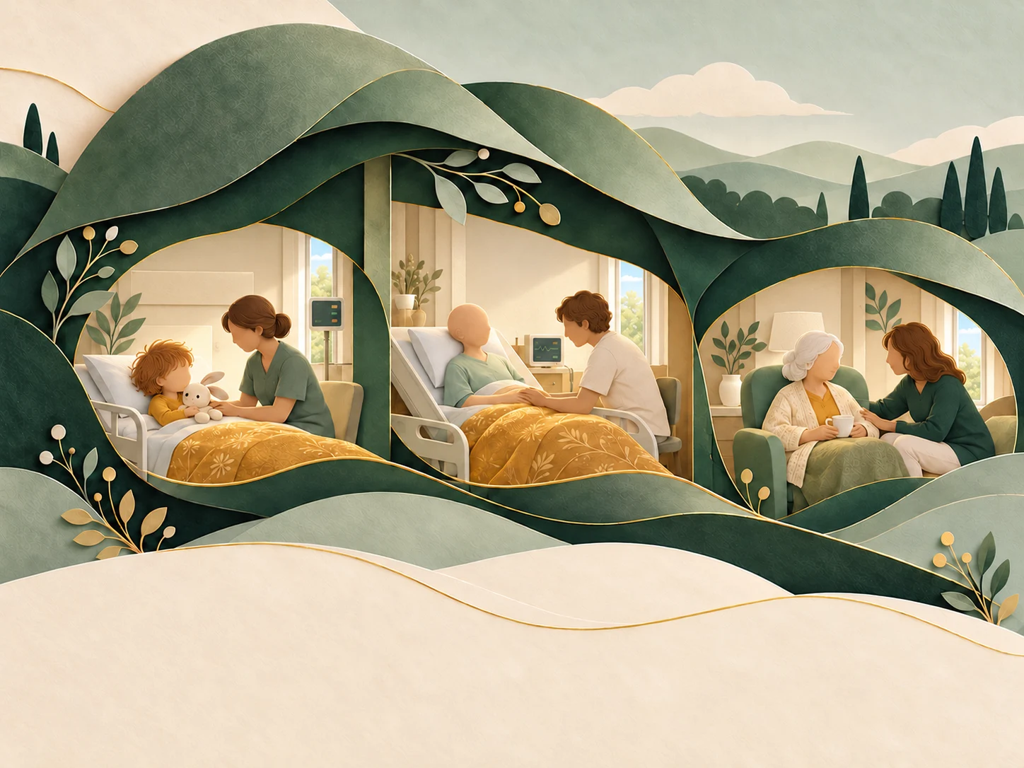 Three moments of care under one roof: a child, an adult patient and an elderly woman, each accompanied with care. Support continues day and night.